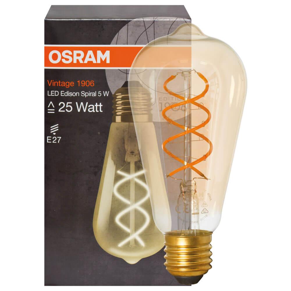 LED-Filament-Lampe VINTAGE 1906 Edison-Form, gold E27/5W (25W), 250 lm 2000K, Spiral-Filament