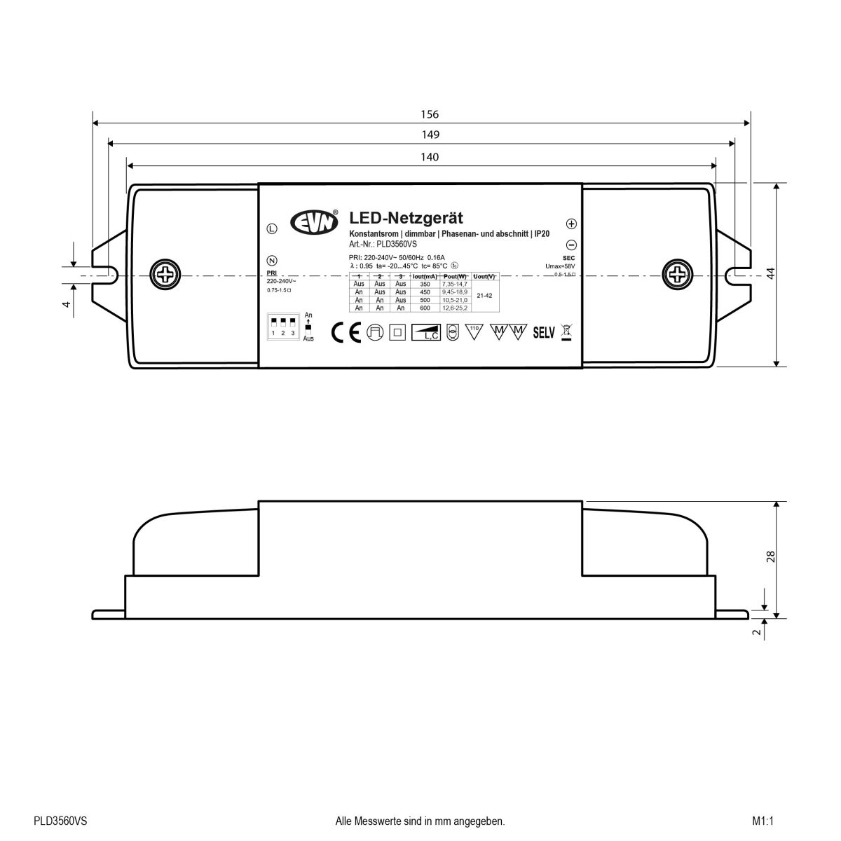 LED-Netzgerät 350mA-600mA PLD3560VS