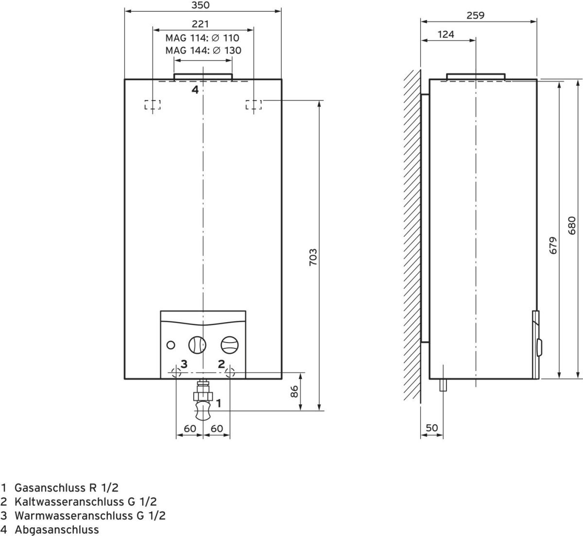 Gas-Durchlaufwasserhitzer MAG 144/1 I E-Gas